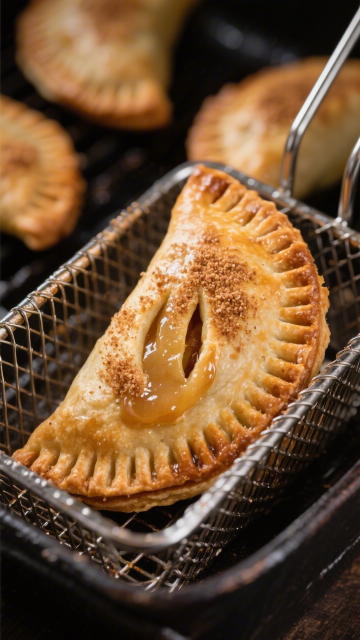 Close-up detail: A just-cooked cinnamon sugar apple hand pie resting in the open air fryer basket, c