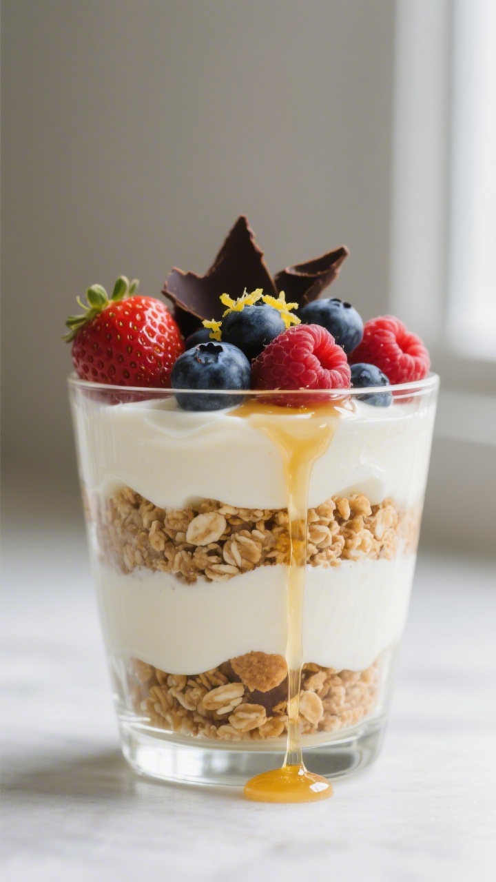 Close-up detail: A layered Greek yogurt parfait in a clear glass, showing distinct layers of lightly
