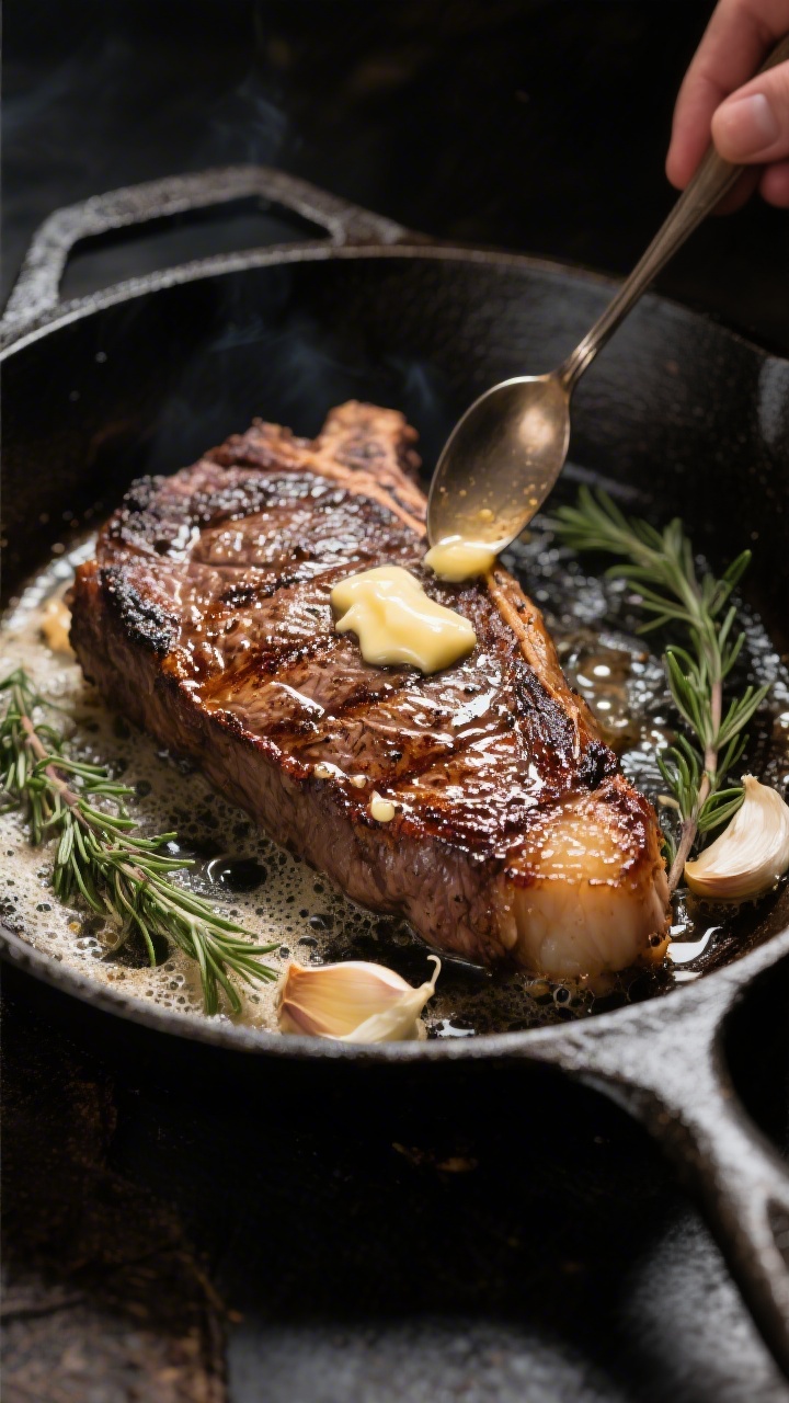 Close-up detail: A pan-seared New York strip steak mid-baste in a cast-iron skillet, glistening with