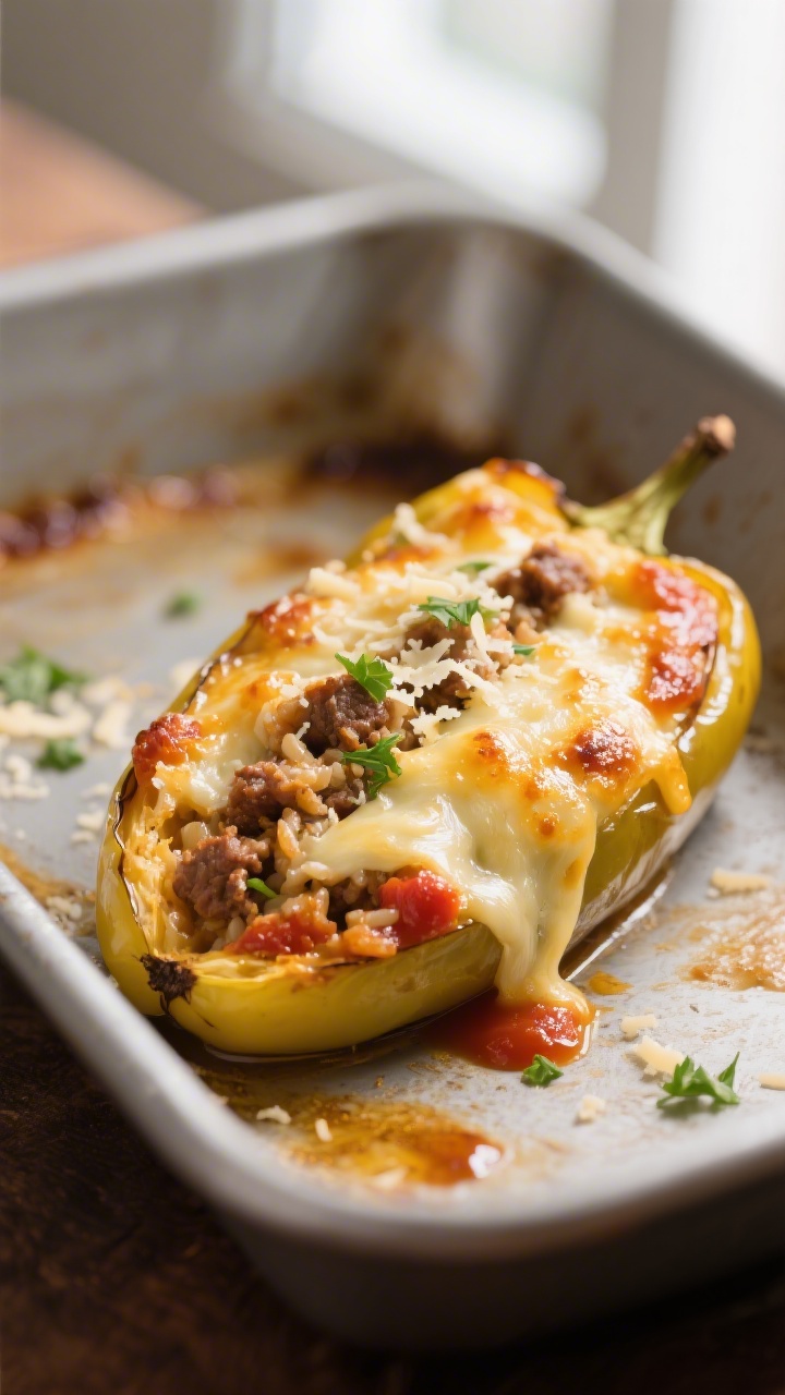 Close-up detail: A stuffed banana pepper just out of the oven, cheese melted and lightly golden with