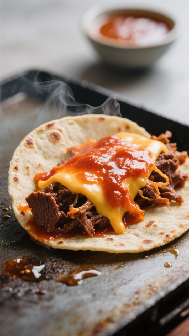 Close-up detail: Birria taco mid-cook on a hot griddle, tortilla already dipped in the red, oily top