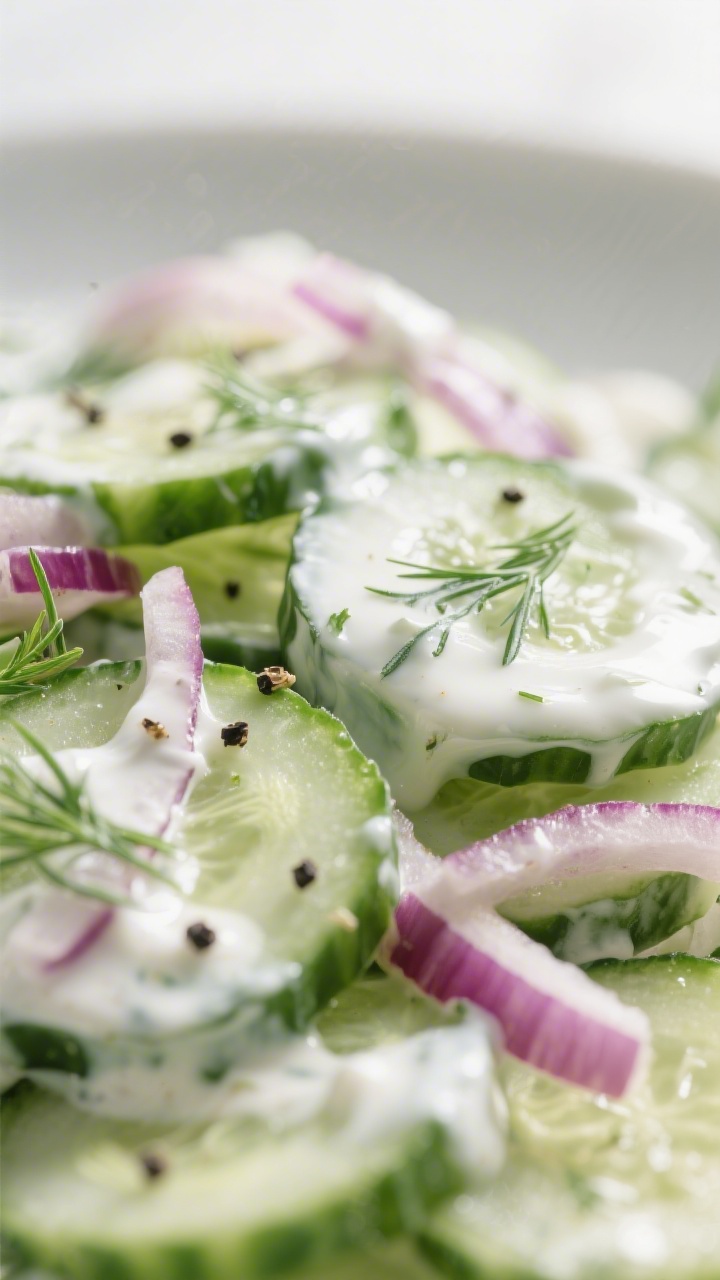 Close-up detail: Creamy cucumber salad just after combining—ultra-thin English cucumber rounds and