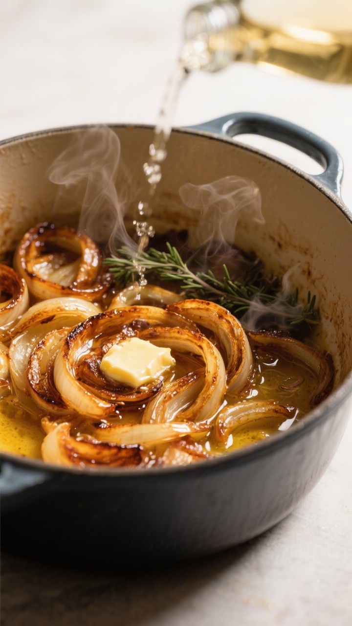 Close-up detail: Deeply caramelized onion ribbons sizzling in a heavy Dutch oven, glossy with butter