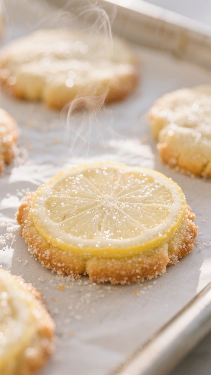 Close-up detail: Freshly baked lemon sugar cookies just out of the oven on parchment, edges lightly