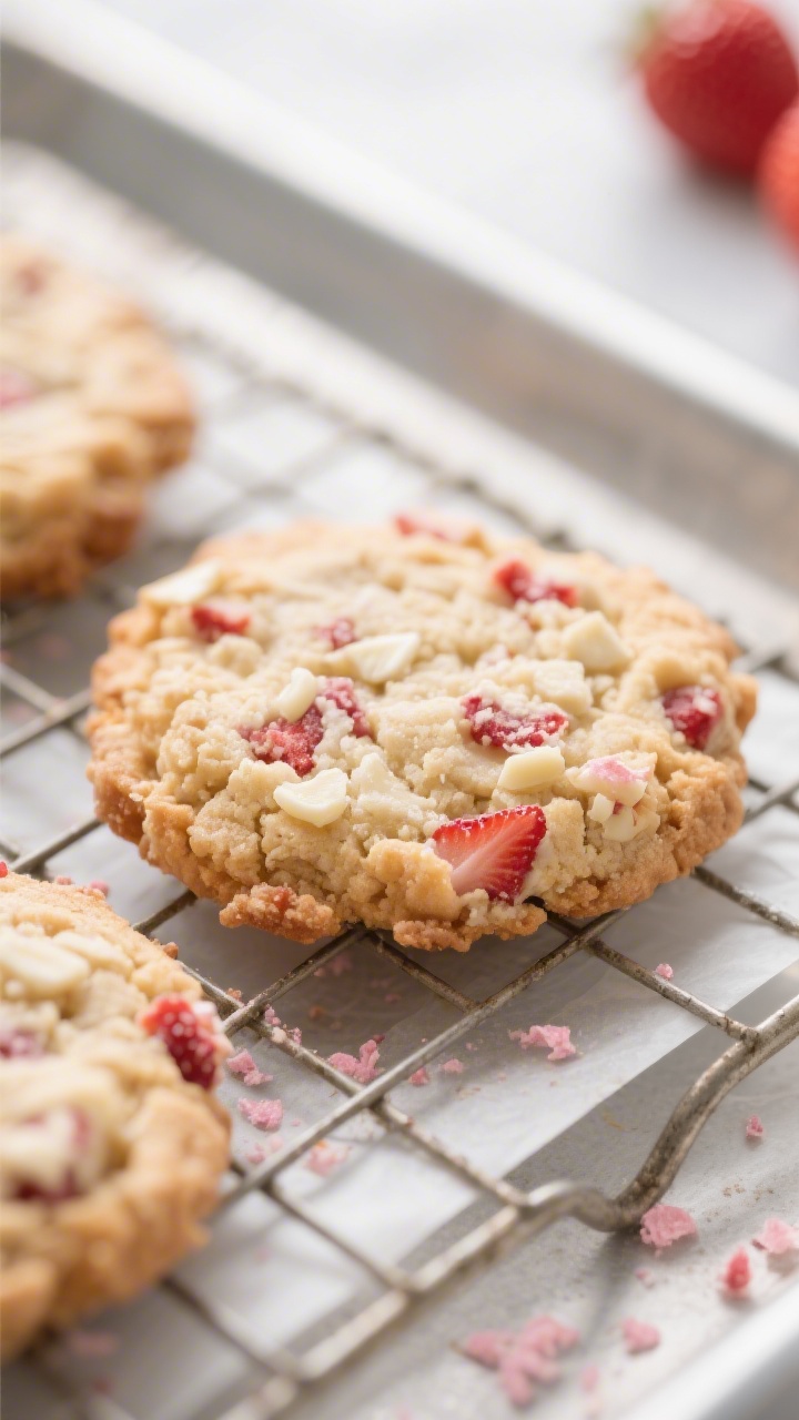 Close-up detail of freshly baked Strawberry Crunch Shortcake Cookies cooling on a wire rack, crunch-