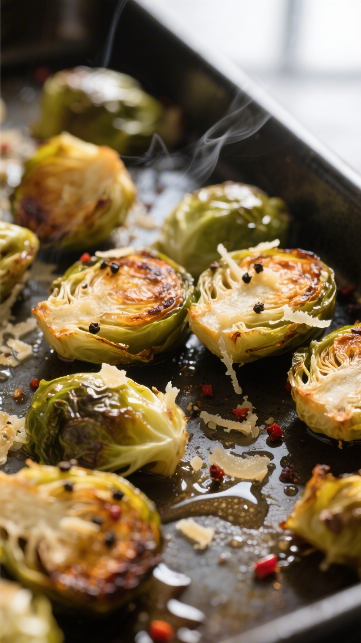 Close-up detail of roasted Brussels sprouts fresh from the oven, cut-sides deeply caramelized and cr