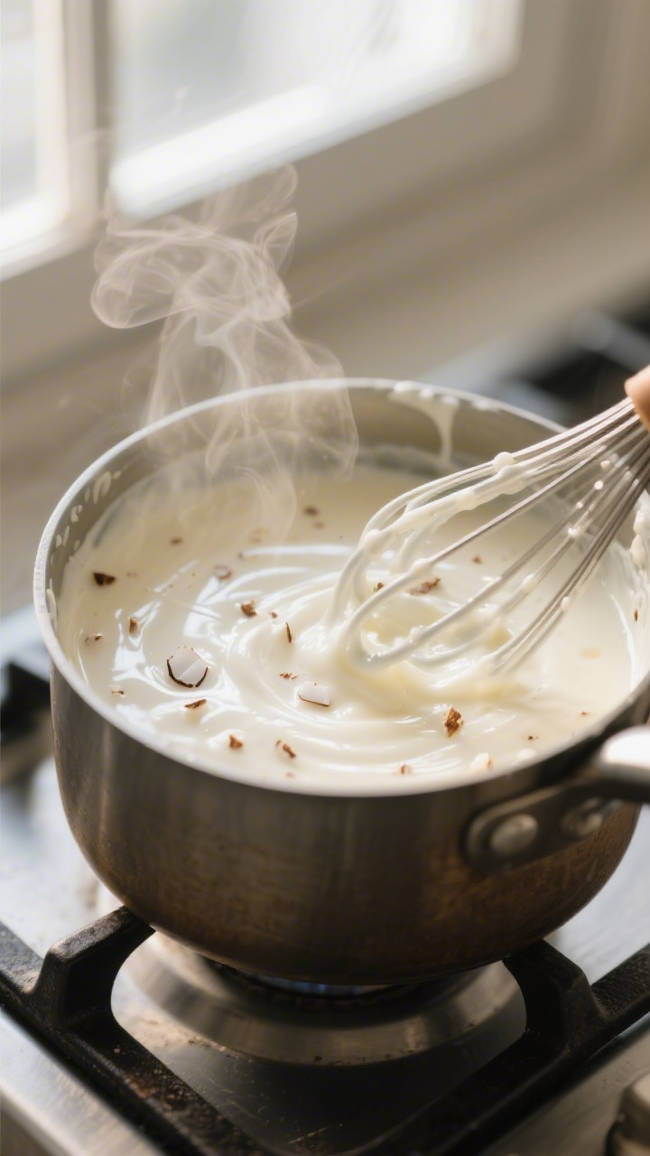 Close-up detail of the coconut cream filling being whisked to a glossy, thick bubble in a saucepan,