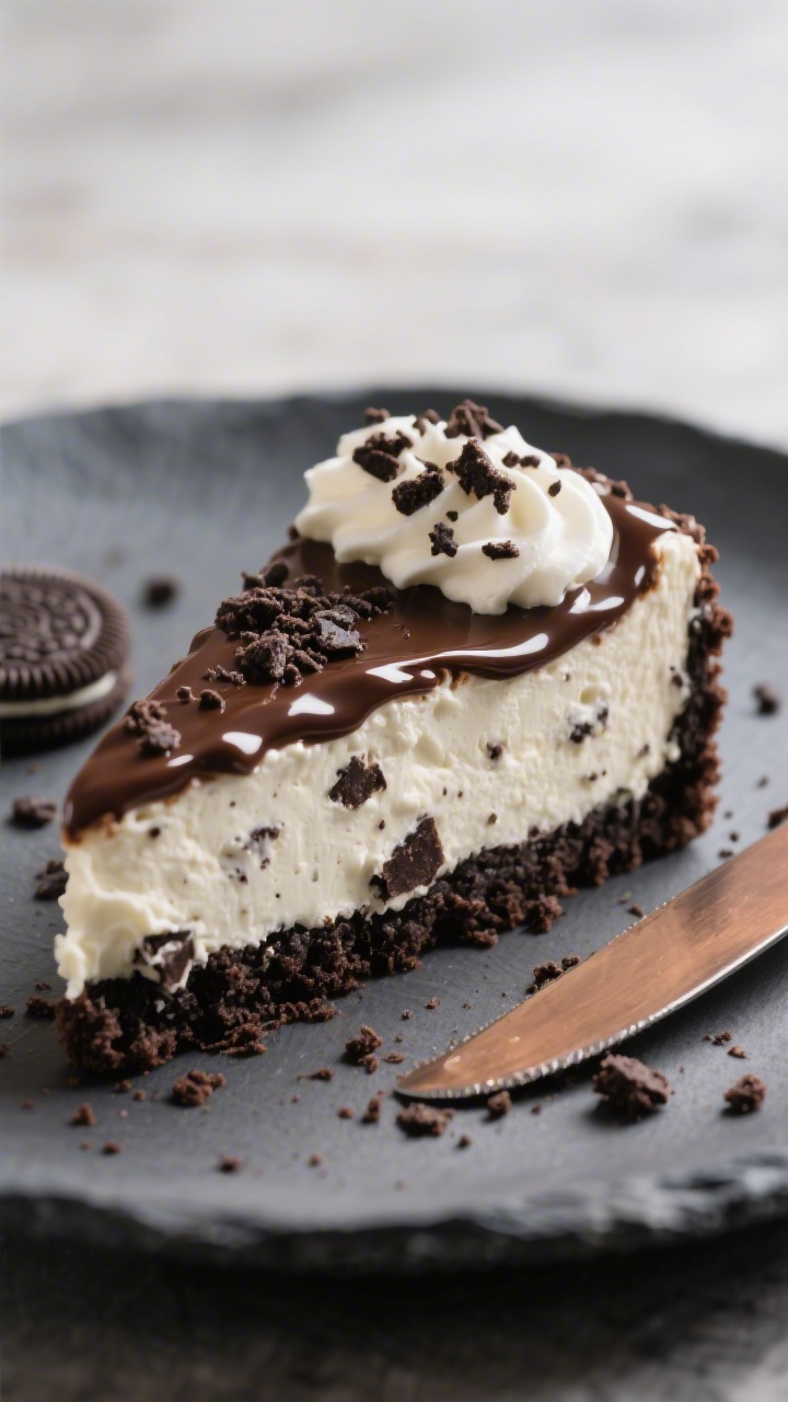 Close-up detail of the Oreo dessert slice just after chilling, showing distinct layers: tightly pack