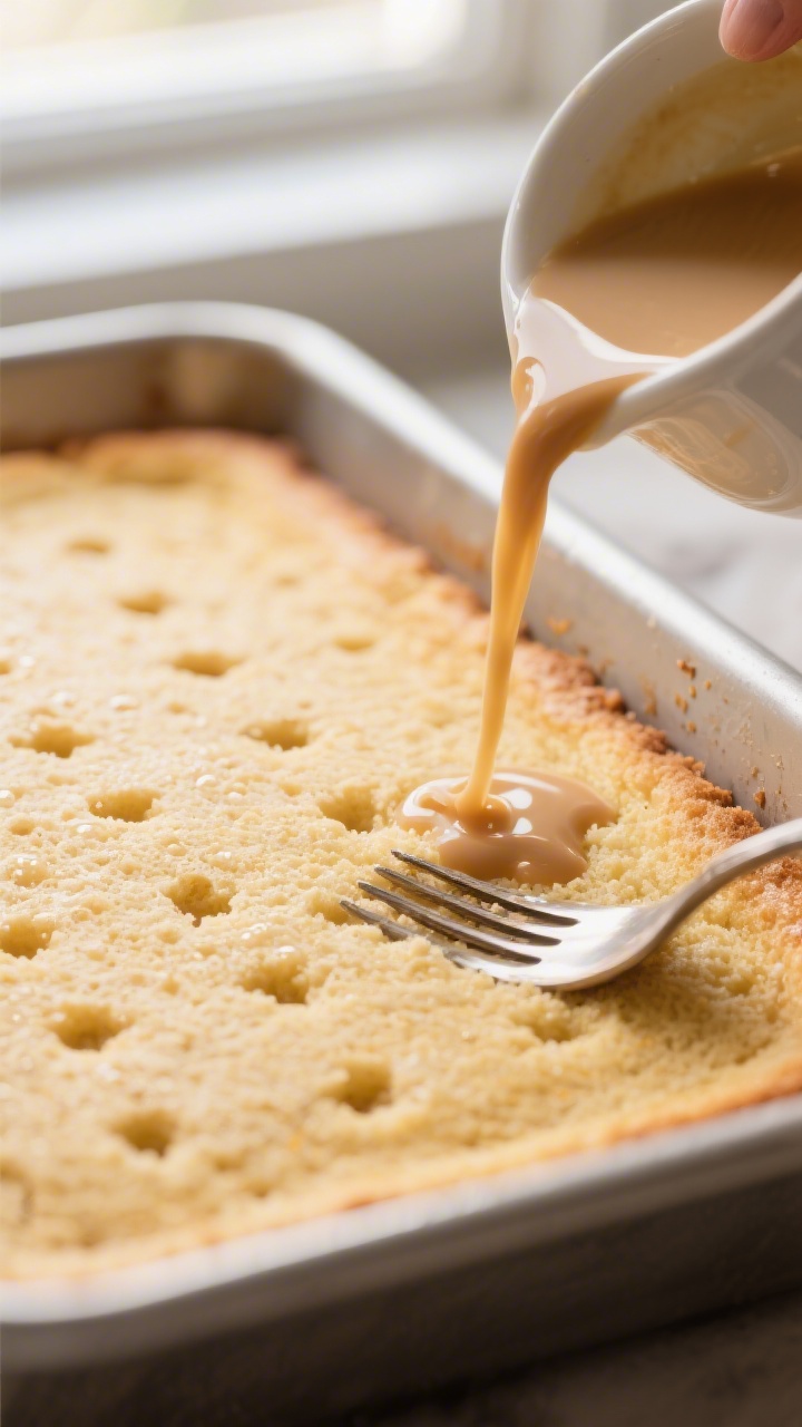 Close-up detail shot: A freshly baked tres leches sponge in a 9x13 pan, lightly golden top being pok