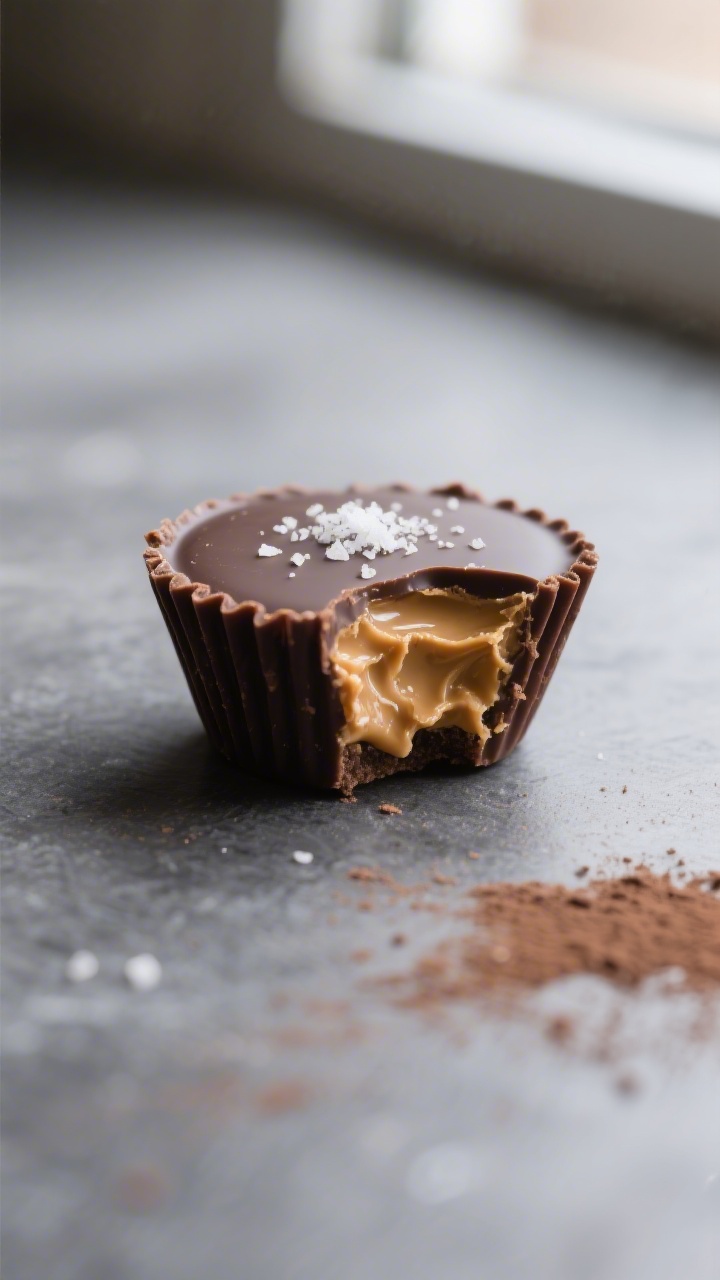 Close-up detail shot: A just-unmolded mini keto chocolate peanut butter cup, bitten to reveal the cr