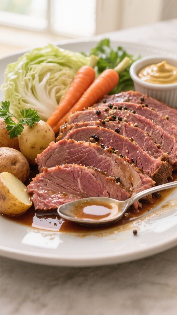 Close-up detail: Sliced crockpot corned beef brisket arranged fanned on a platter, glistening and te