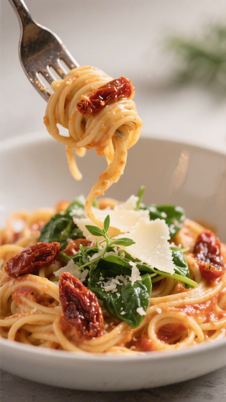 Close-up detail, variation highlight: Creamy Tuscan one-pot pasta twirled high on a fork above the b
