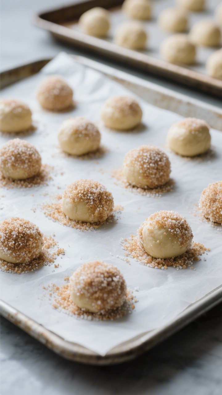 Cooking process: Chilled, pre-baked dough balls rolled in a blend of granulated and turbinado sugar