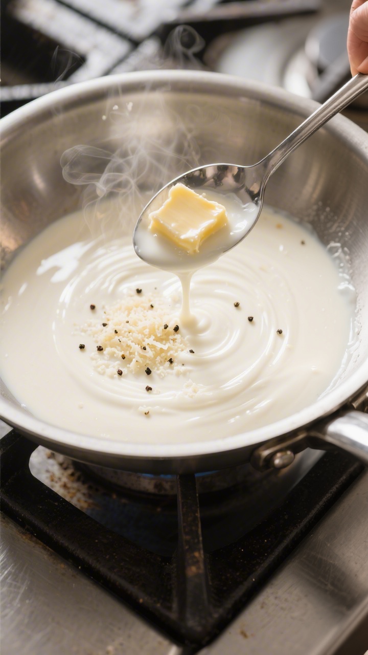 Cooking process close-up: A wide stainless-steel skillet on medium heat with a silky, lump-free whit