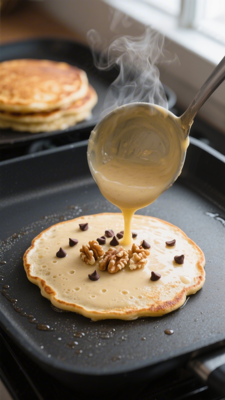 Cooking process close-up: Banana pancake batter ladled onto a preheated nonstick griddle, edges just