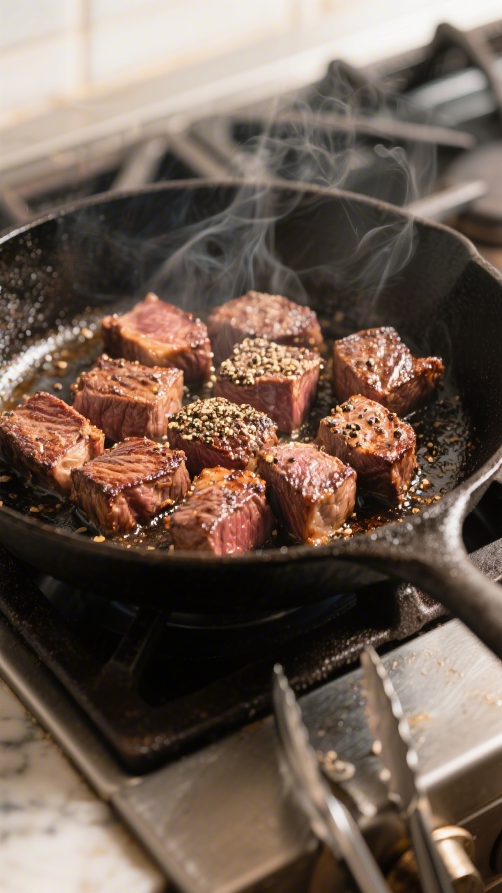 Cooking process close-up: Cubed steaks sizzling in a large skillet, perfectly browned 2–3 minute s