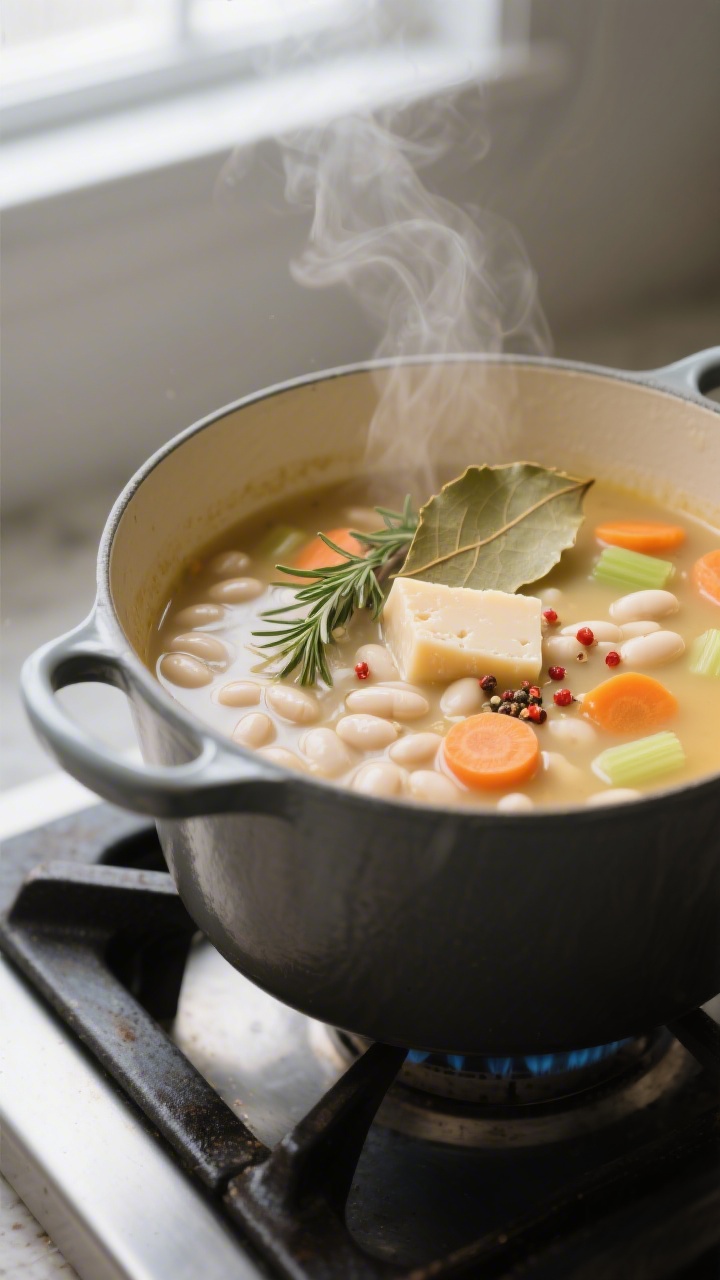 Cooking process, close-up detail: A large Dutch oven on the stovetop with white bean soup gently sim