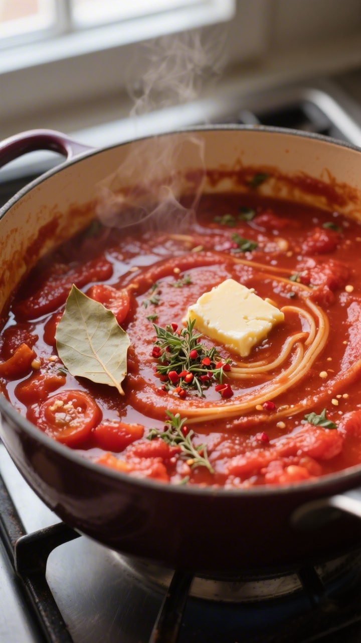 Cooking process, close-up detail: A medium pot of simmering tomato-based pasta sauce after 25–30 m