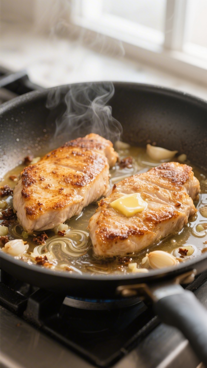 Cooking process, close-up detail: Golden-seared chicken cutlets sizzling in a large skillet just aft
