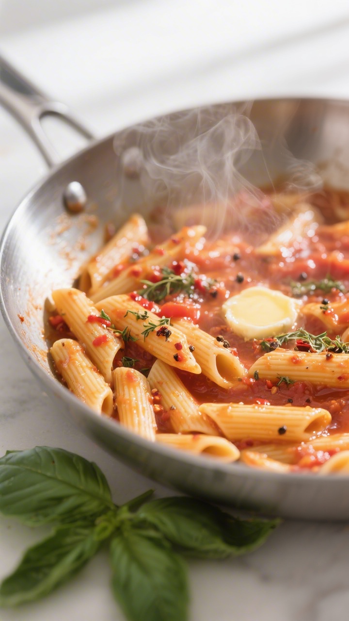 Cooking process, close-up detail: Penne finishing al dente in a wide stainless-steel skillet with a
