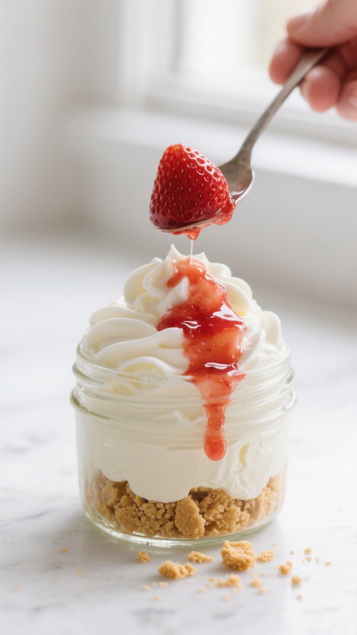Cooking process close-up: Macerated strawberry layer being spooned over a creamy whipped cream chees
