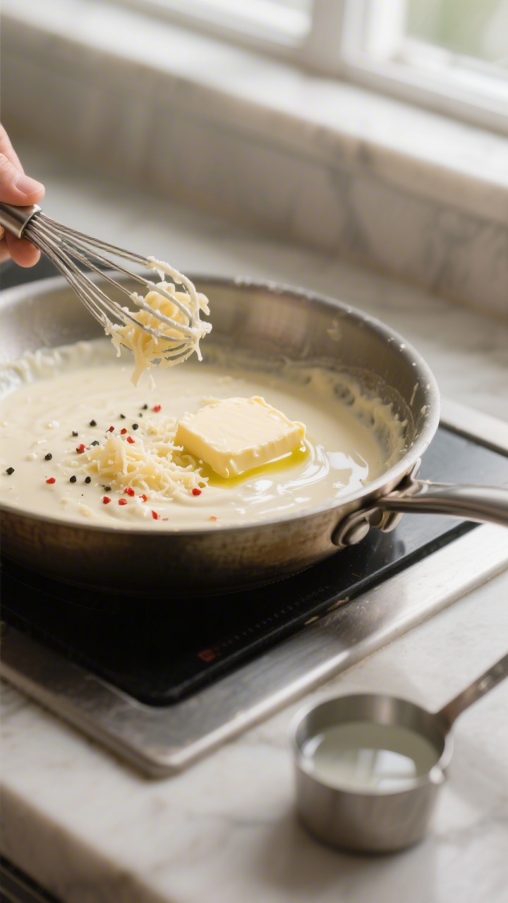 Cooking process close-up: Silky cream sauce in a wide stainless skillet, butter and olive oil glossy