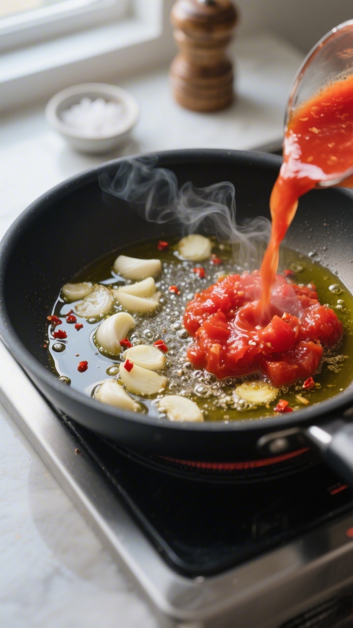 Cooking process close-up: Sliced garlic and red pepper flakes gently sizzling in a wide skillet of s