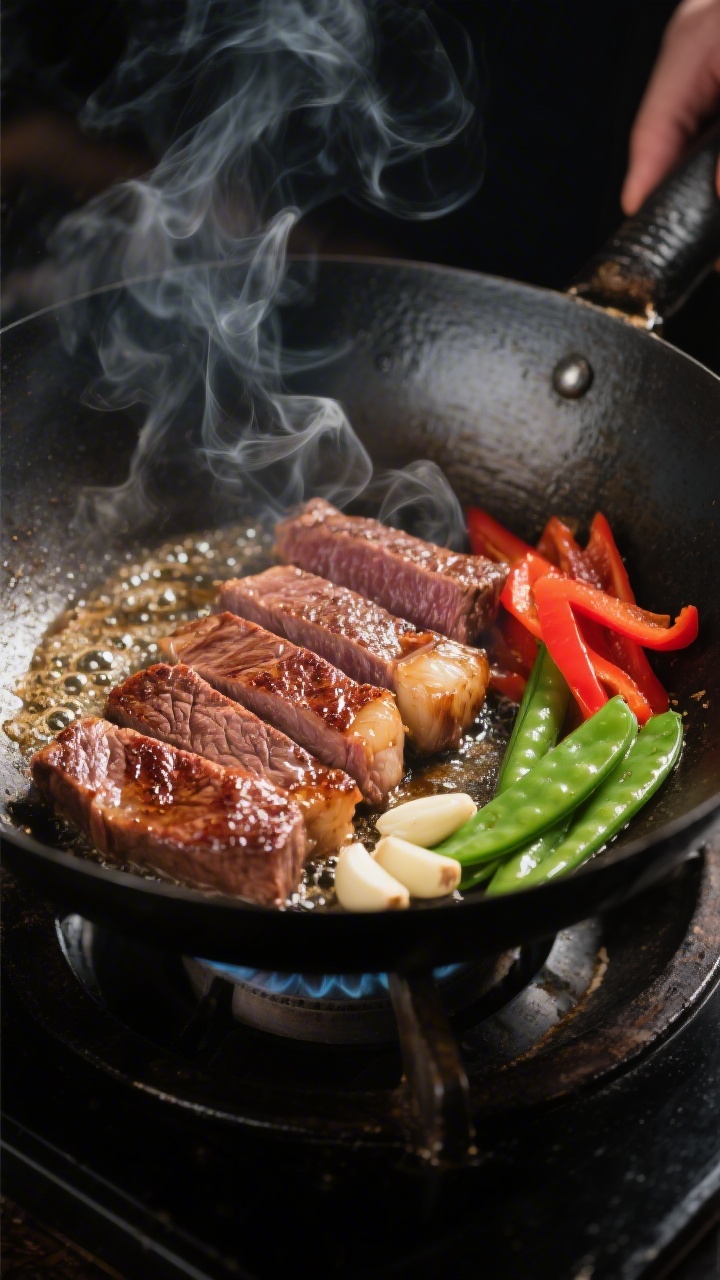 Cooking process close-up: Thin-sliced steak searing in a smoking-hot wok, edges caramelized with a d