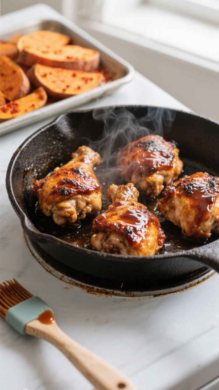 Cooking process: Juicy BBQ chicken thighs sizzling in a skillet, glazed and glossy with sauce, edges