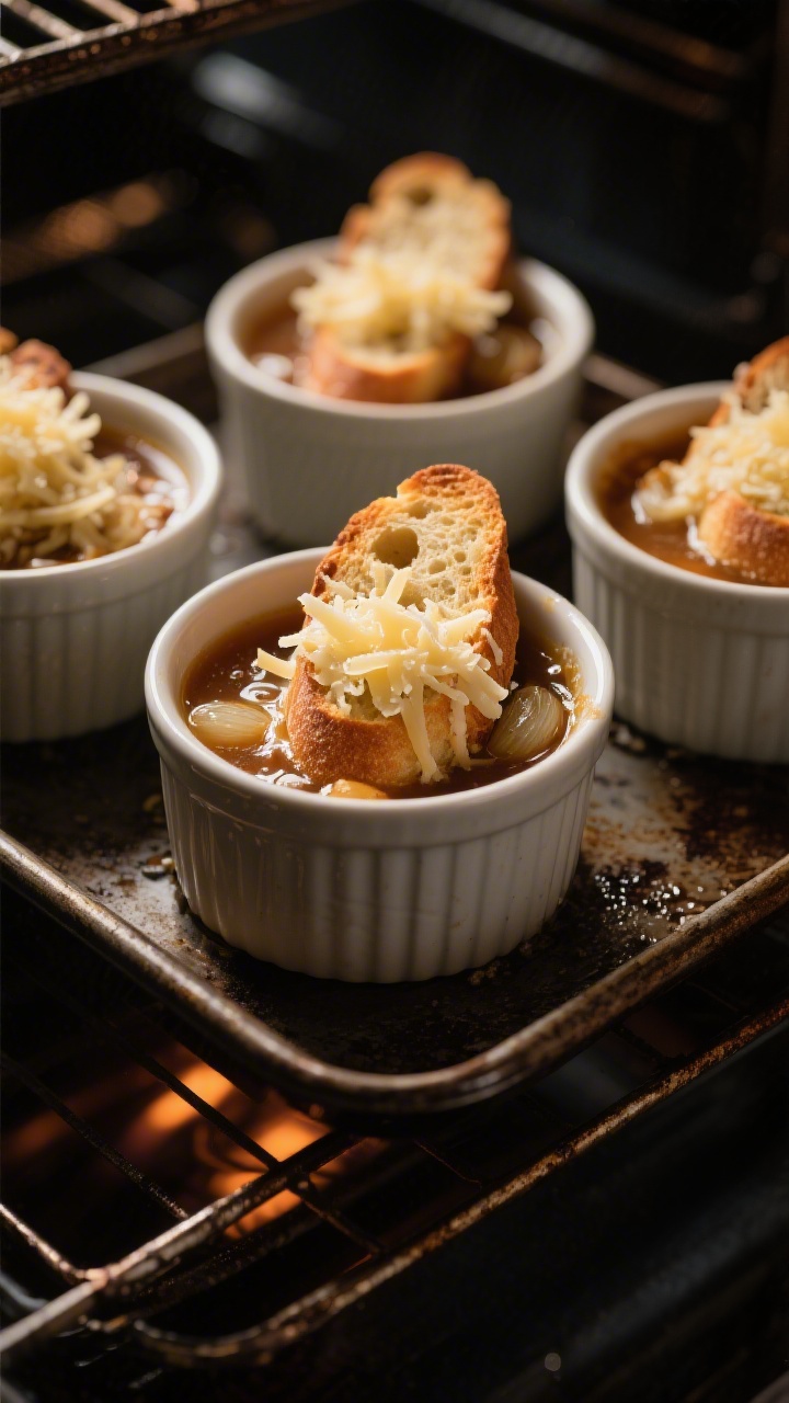 Cooking process: Oven-safe bowls of hot French onion soup on a baking sheet under the broiler setup,