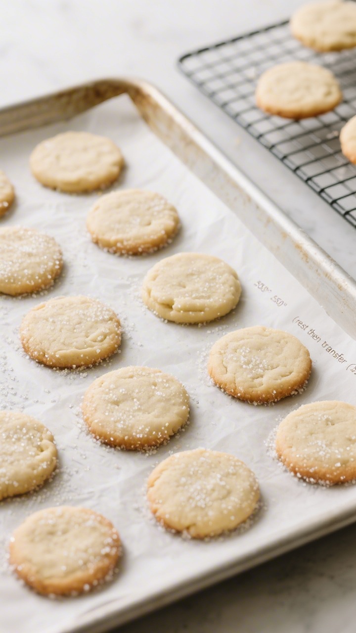 Cooking process: Overhead shot of a parchment-lined baking sheet showing evenly spaced, slightly fla