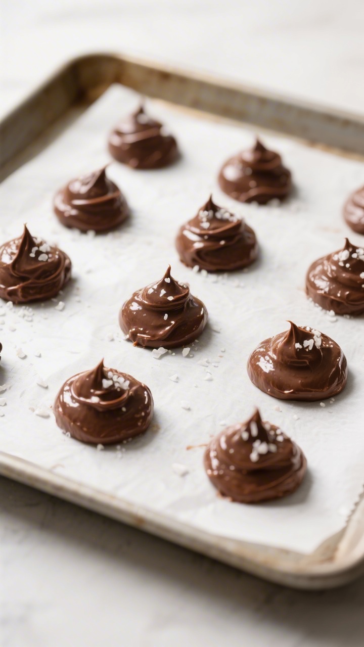 Cooking process: Overhead shot of a parchment-lined baking sheet with evenly spaced 1 1/2-inch mound