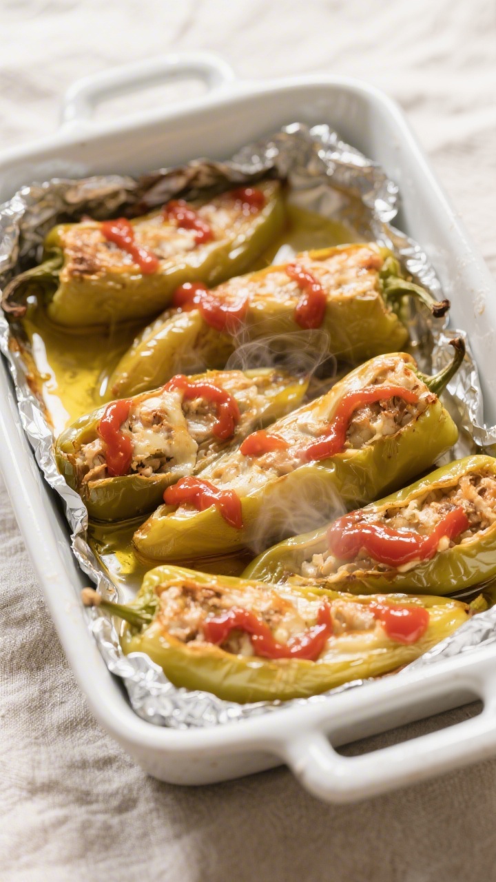 Cooking process: Overhead shot of a snug baking dish filled with stuffed banana peppers after the fo