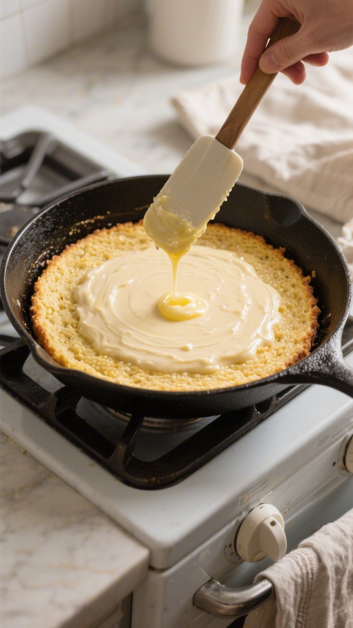 Cooking process: Overhead shot of cornbread batter being poured into a sizzling, butter-coated hot s