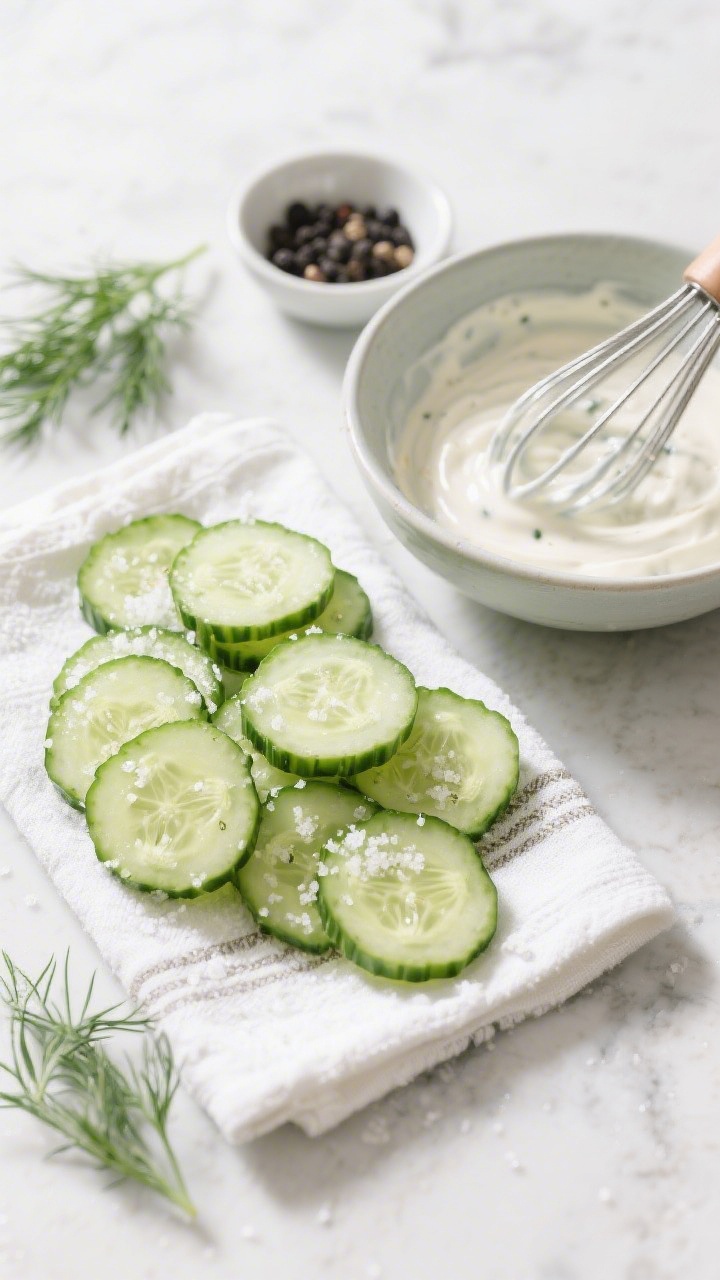 Cooking process: Overhead shot of the salted cucumber slices being patted dry on a clean kitchen tow