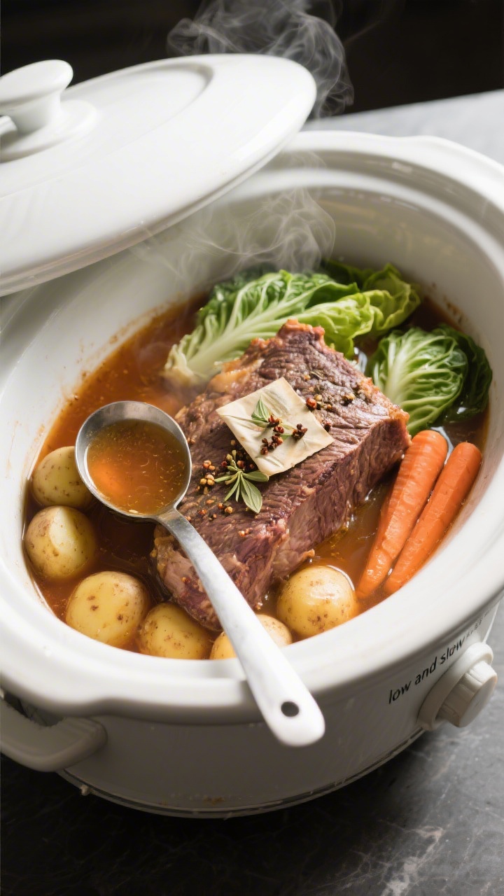 Cooking process: Overhead shot of the slow cooker near the end of cooking with the lid off—brisket