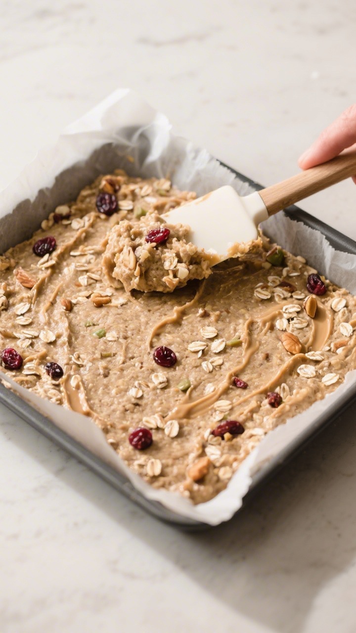 Cooking process: Overhead shot of the thick, scoopable oat mixture being pressed evenly into the cor