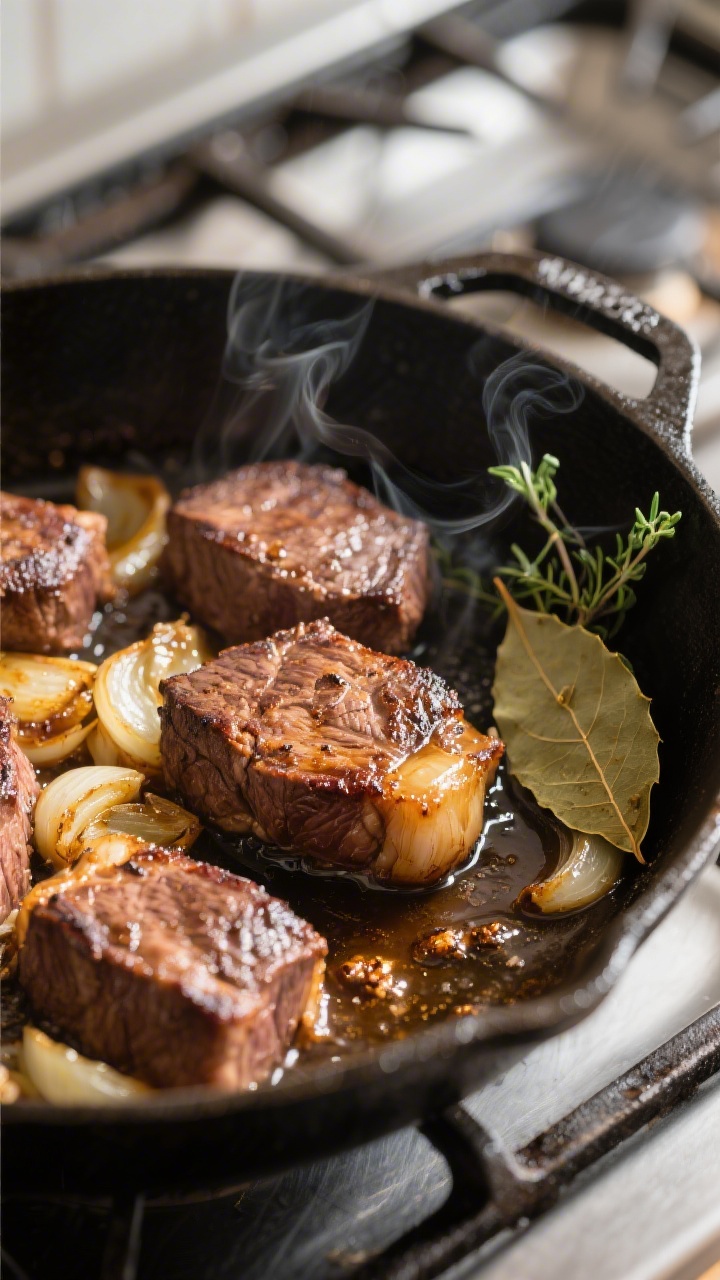 Cooking process — Searing and deglazing: Close-up of browned round steak pieces in a heavy cast-ir
