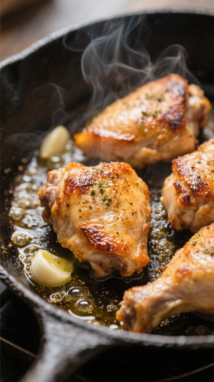 Cooking process – Searing stage: Golden-browned chicken thighs sizzling in a cast-iron skillet, cl