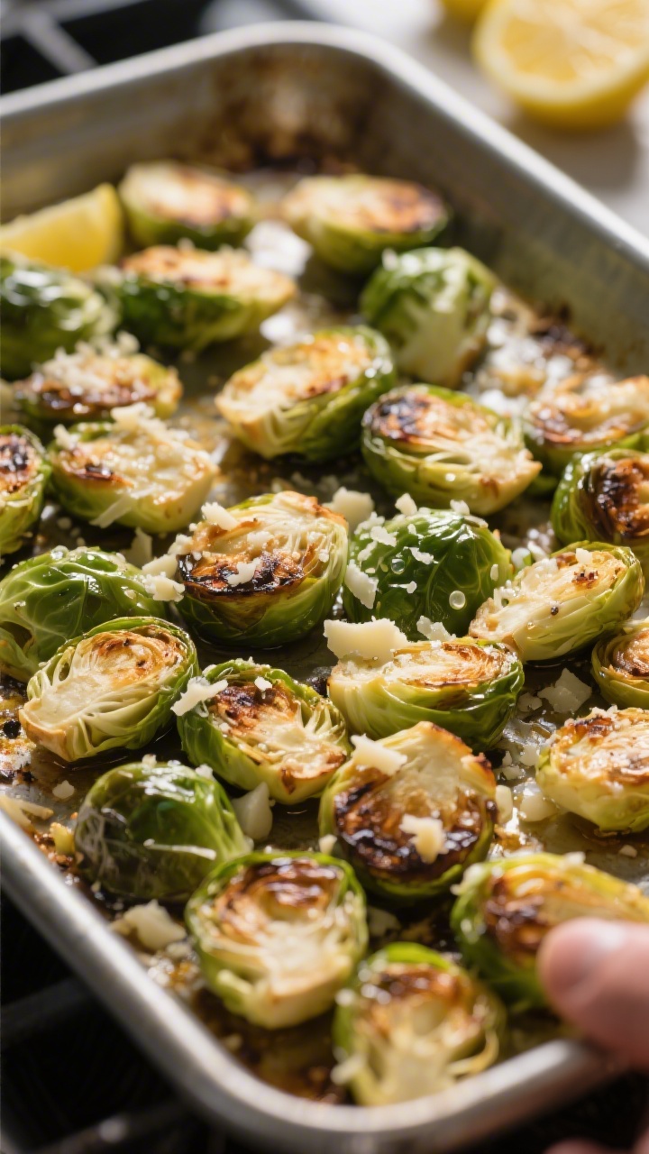 Cooking process shot: Brussels sprouts mid-roast after the flip, on a rimmed sheet pan, the second s