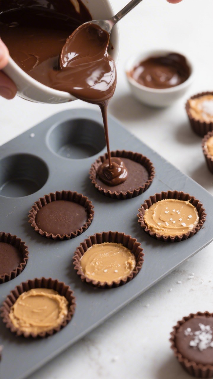 Cooking process shot: Overhead view of a silicone mini muffin mold during assembly—bottom chocolat