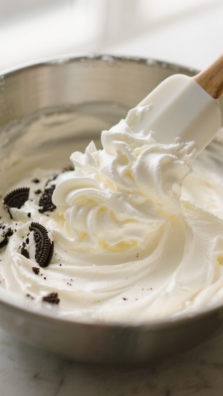 Cooking-process shot: the airy cream cheese filling being folded together in a mixing bowl—soft pe