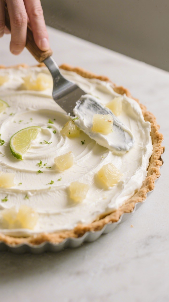 Cooking process: Silky pineapple-lime cream filling being spread over the cooled crust with an offse