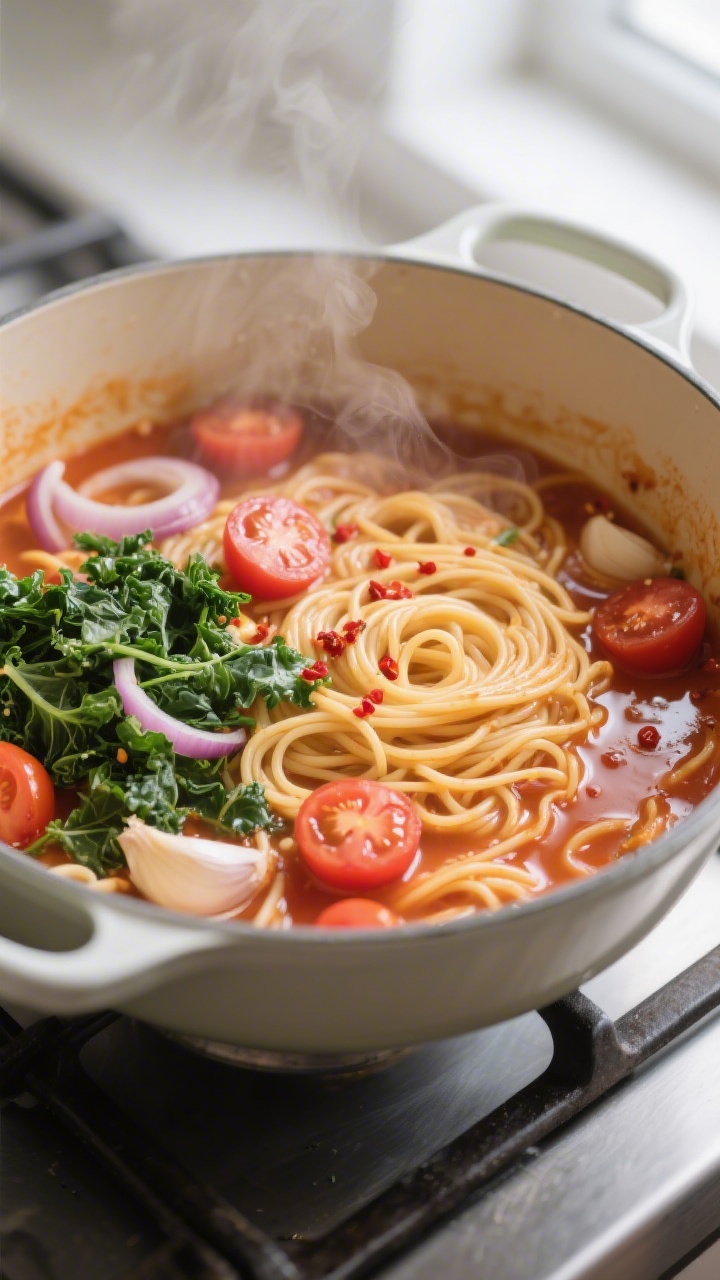 Cooking process, stovetop: One-pot pasta simmering in a wide, heavy enameled pot, spaghetti strands