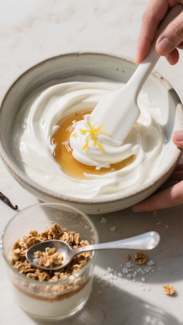 Cooking process: The “sweeten the yogurt” step captured mid-prep—thick Greek yogurt in a ceram