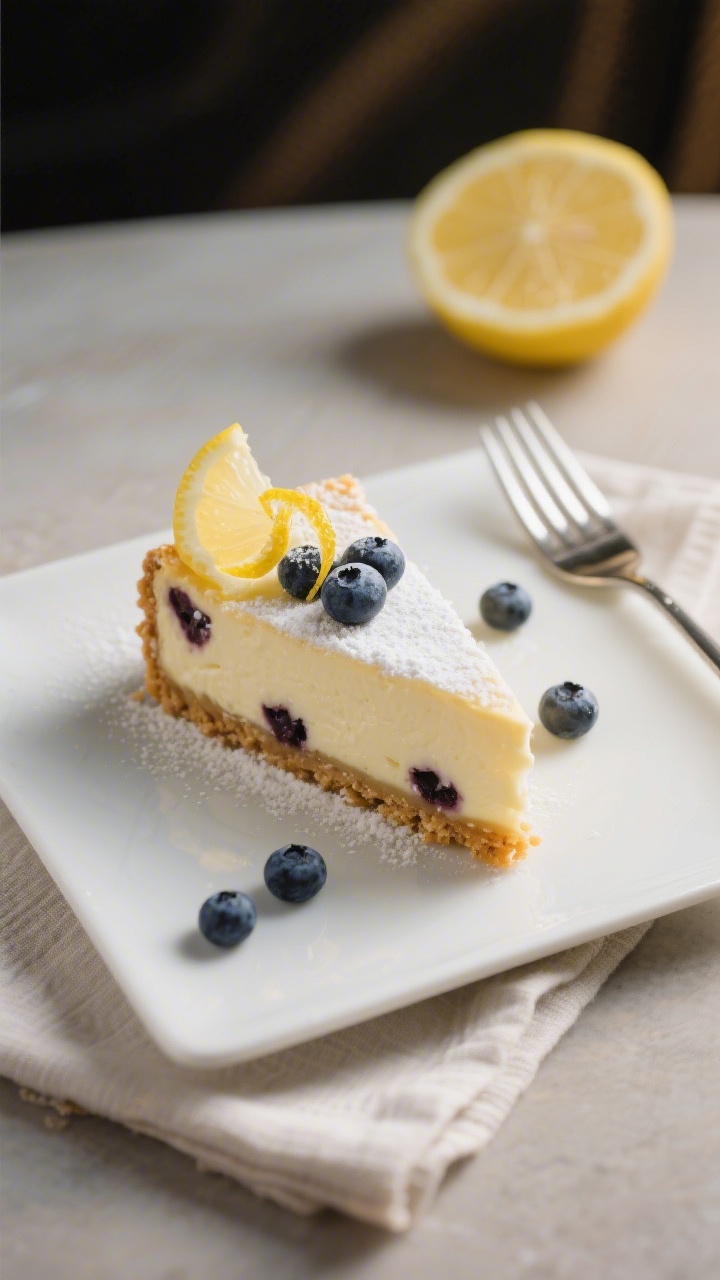 Final dish presentation: A single cheesecake bar plated on a small white square plate, creamy fillin