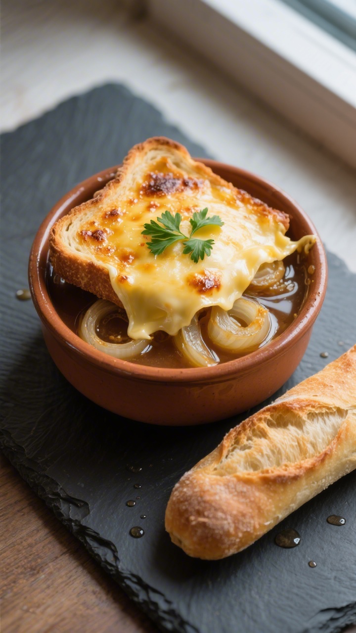Final dish presentation: Beautifully plated French onion soup just out of the broiler, cheese cap de