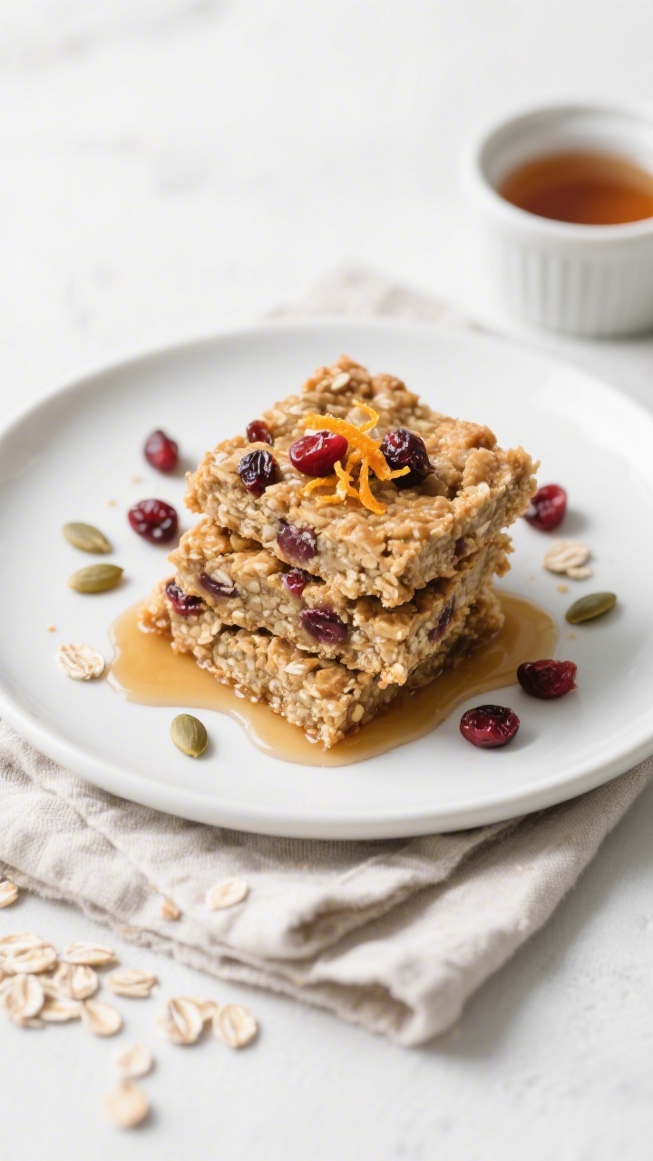Final dish presentation: Beautifully plated oatmeal cranberry breakfast bars sliced into neat square