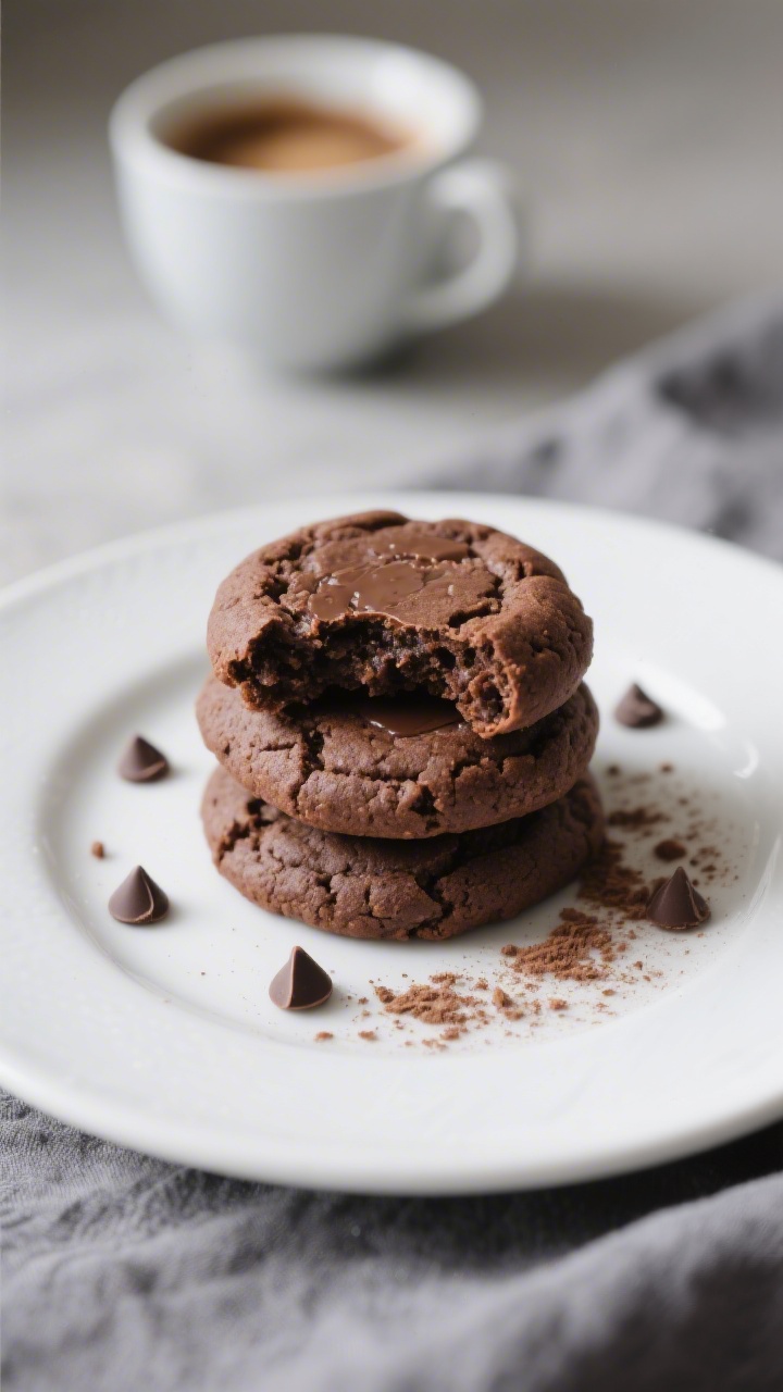 Final dish presentation: Beautifully plated stack of 3 keto flourless fudge cookies on a simple whit