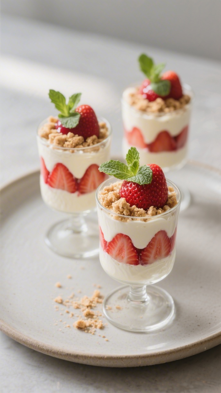 Final dish presentation: Beautifully plated strawberry cream parfaits layered in stemless wine glass
